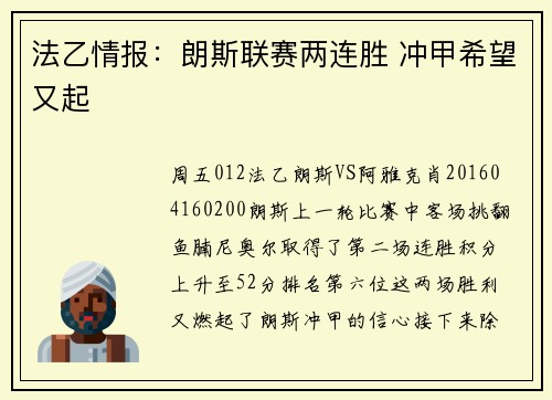 法乙情报：朗斯联赛两连胜 冲甲希望又起