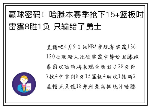 赢球密码！哈滕本赛季抢下15+篮板时雷霆8胜1负 只输给了勇士