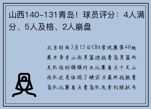 山西140-131青岛！球员评分：4人满分、5人及格、2人崩盘